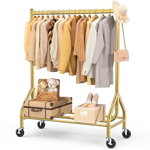 EAGMAK Heavy Duty Clothes Rack Load 420 LBS, Rolling Garment Organizer with Lockable Wheels, Standing Metal Clothing with Shelves, Portable Wardrobe Rack Sturdy Coat Rack for Hanging (Gold)