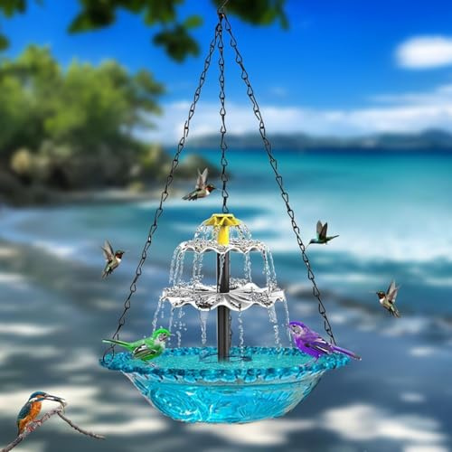 Fontana per uccelli ad energia solare, da giardino a energia solare, vasca da bagno per uccelli sospesa e fontana ad energia solare, per cortile, patio, prato, decorazione (blu)