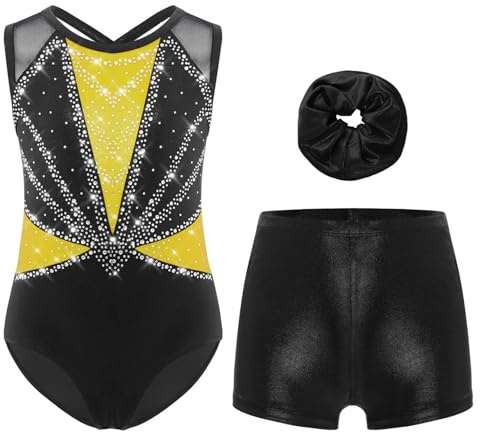 Oyolan 3 Pièces Ensemble de Gymnastique pour Fille Enfant B Jaune et noir 9-10 ans