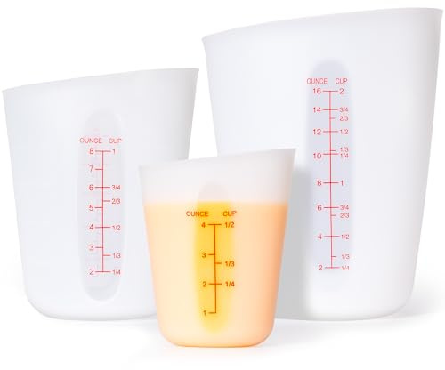 Rainspire Upgraded 3 Piece Silicone Measuring Cup Sets Squeeze & Pour Liquid Measuring Cups Flexible Chocolate Melting Cup Baking Supplies Chef Gifts