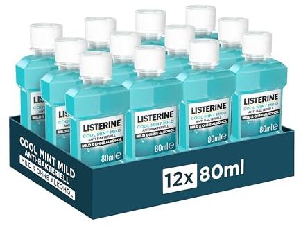 LISTERINE Cool Mint Mild (12x80 ml), antibakterielle Mundspülung ohne Alkohol mit mildem Geschmack, für ein langanhaltendes Frischegefühl