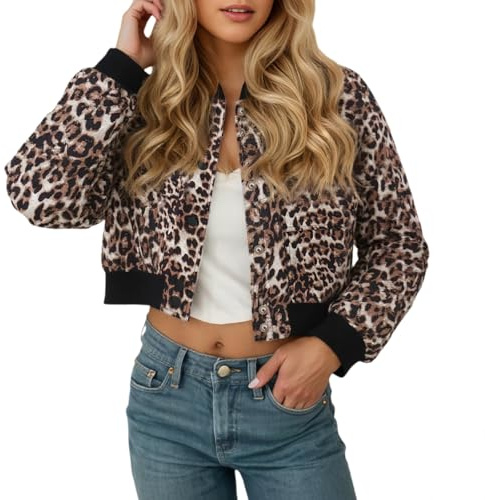 Duohropke Veste bomber courte cropped pour femme avec motif léopard Blouson pilote Veste universitaire Fermeture éclair Manteau léopard Veste demi-saison Veste de loisirs Veste de baseball Outwear