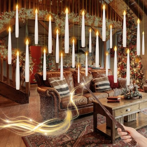 EYEPICK Flameless Floating Candles with Magic Wand, Christmas Candles Decoration, 10Pcs Flickering Warm Light LED Taper Candles Battery Operated with Timer for New Year Party Wedding Window Decor