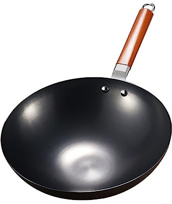 YHEIANJ Wok in ghisa Non Rivestita, Padella Wok Tradizionale Cinese Martellata a Mano con Fondo Tondo e padelle per Saltare in Padella con Manico in Legno, Antiaderente, Meno Oli,32cm