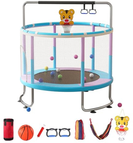 Trampoline pour enfants de 1,5 m avec enclos de sécurité, panier de basket-ball et balançoire | Trampoline intérieur et extérieur pour tout-petits, capacité de 200 kg