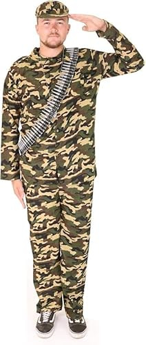 Herr armésoldatdräkt - kamouflagejacka, byxor och keps med leksaksvapen och kulbälte - militär maskeraddräkt - M