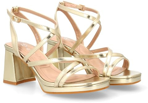 shoes&blues.es 96883 Sandalia de Tacon para Mujer con Diseno de Tiras Cruzadas Finas, Elegante para Eventos con Cierre de Hebilla. Oro Talla 37