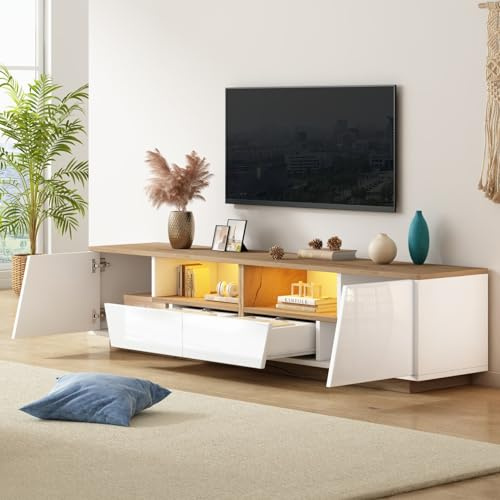 EURHCIO Meuble TV Blanc 180x40x46cm,Meuble Tele Brillant avec éclairage LED Réglable,2 Tiroirs,2 Armoires,pour Téléviseurs D'environ 75 Pouces (G)