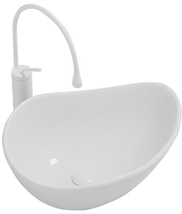 Lavabo in Ceramica da Appoggio per Bagno, Bacino Profondo con Rubinetto e Kit Scarico, Piccoli Lavandini Piano, Per Mobile Lavabo e Area Lavaggio(White)