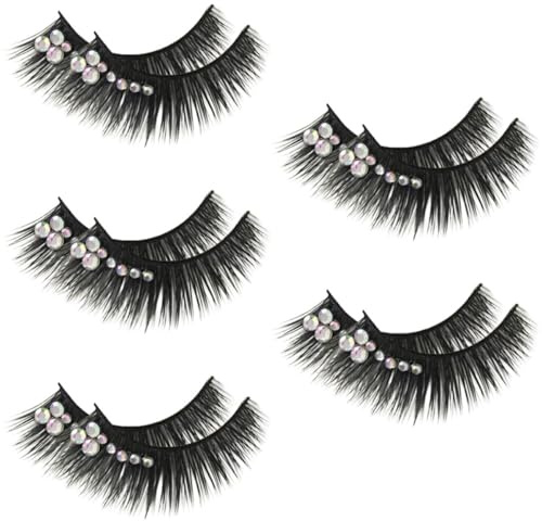 LOORGVEL 5 Pairs Rhinestone Eyelashes Black Synthetic Fiber False Lashes for Dance Performance Thick and Long Cosmetic Lashes to Create Day Or Nighttime Looks