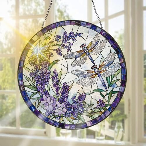 Pavemlo Libelle Buntglas Sonnenfänger Fensterschmuck hängend Blumen – Handgefertigter Sonnenfänger als Dekoration für Garten, Fenster, Innen- und Außenbereich, Weihnachten Party, 20 x 20 cm