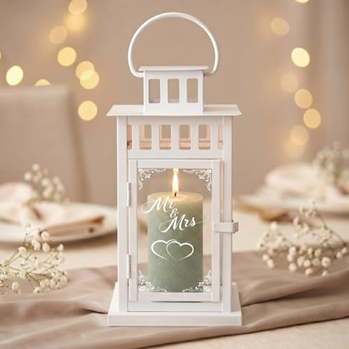 BBTO Hochzeitslaterne Metallgravur Hochzeitsgeschenk für Brautpaar 27 x 15 x 15 cm Weiße Dekorative mit 2 m LED Lichtern Laternen für Den Außenbereich Tischdekoration Jubiläumsgeschenk(Mr. & Mrs)