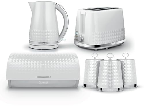 Tower Solitaire 4 Piece Kitchen Set, 3kW 1.5L Kettle, 2 Slice Toaster, Roll Top Bread Bin & 3 x 1.3L Canisters, White, EEJB478
