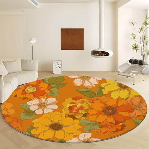 Generico Tappeto Rotondo Arancione, Tappeti Antiscivolo Pelo Corto Morbido - Lavabile in Lavatrice Grande Moquette Piante Vintage Fiori per Camera da Letto Soggiorno Scendiletto Ø 180 cm