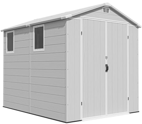 TRIUMPHKEY 6x8 Gartenhaus Kunststoff, 185x240x210 cm Kunststoff Gerätehaus mit Boden, Geräteschuppen, Fahrradschuppen mit Abschließbar Tür, Wetterfest für Terrasse, Rasen und Garten, Hellgrau