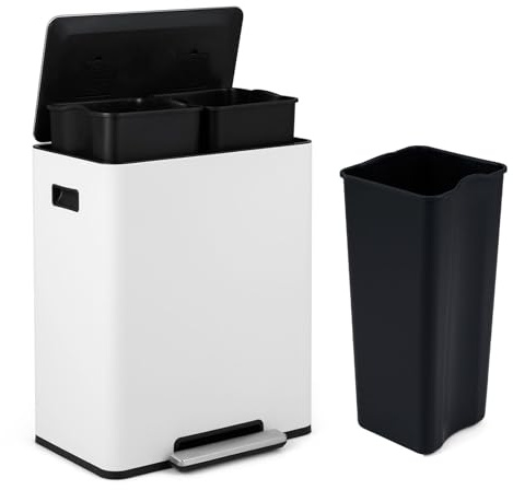 LIFEZEAL Bidone Spazzatura a Pedale 60L, Pattumiera Differenziata con 2 Contenitori Rimovibili e Coperchio con Funzione di Apertura Continua e Chiusura Rallentata per Cucina e Soggiorno (Bianco)