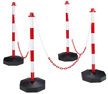Relaxdays 4 Parking Barriers, Size: 82 x 112 x 28 cm Chain Barrier made of Plastic w/ Practical Chains to Save Parking Spaces w/ Sturdy Base to Fill w/ Water or Sand, Red / White