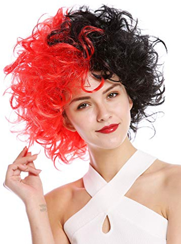 WIG ME UP - 91344-P103+PC13 Perücke Damen Herren Verrückt Wilde Locken Volumen Rot Schwarz Hälften