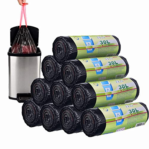 ASelected 200 st 30 l soppåsar med skjuthandtag, extremt läckagesäkert set med 10 rullar, rektangulär soptunna 30 liter, stor storlek 62 x 54 cm, svart