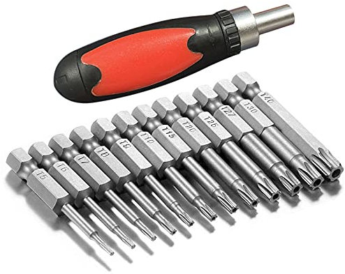 TUAKIMCE 12 Pcs Torx Head Screwdriver Bit Set, 50mm 1/4 inch Hex Shank T5-T40 S2 Steel Magnetic Star Torx Security Screwdriver Bits Set for Electric Manual Screwdrivers with 1 Pack Handle