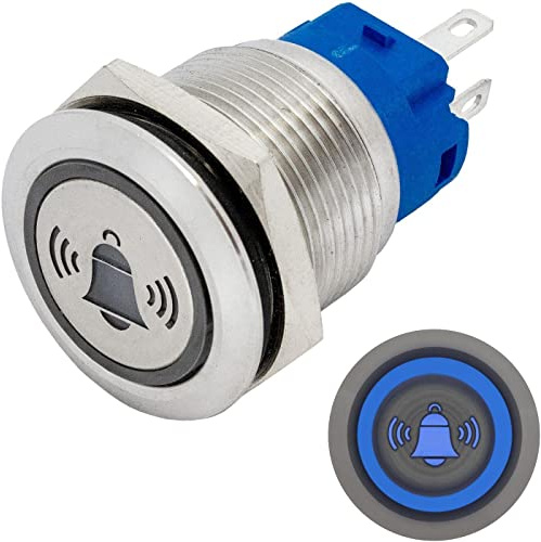 Lumonic Pulsante piatto in acciaio inox diametro 19mm I Con un LED a campana in colore blu Dimensioni: 2,8x0,5mm Pin 250V 3A I Antivandalo secondo standard IP65
