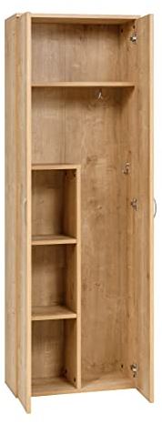 furni24 Holz Putzmittelschrank, Wäscheschrank aus Holz mit Türen, Kleiderschrank aus Holz, Garderobenschrank, Mehrzweckschrank, Schrank & Putzschrank, 2 Tür Mit Haken und 3 Regale, Eiche, 60x34x180cm