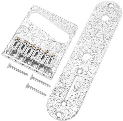 1Set Yootones 6-Saddle Bridge & 3-Way Switch Control Plate Compatible with Telecaster 6 String Electric Guitar (Silver)