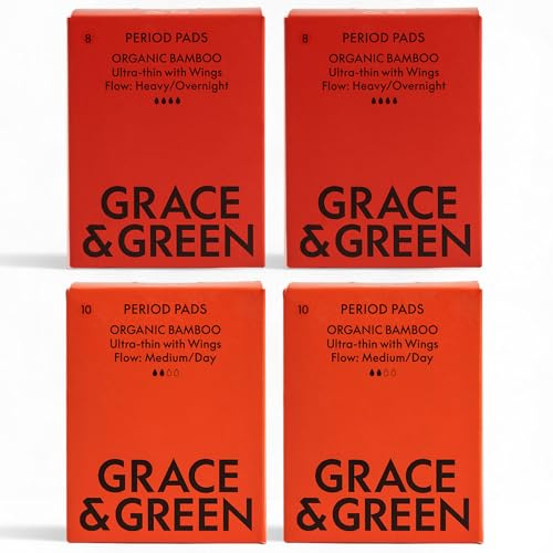 Grace & Green Organic Bamboo Daytime & Nighttime Pads, Regular Flow 36 Pack | Heavy & Regular Flow, Leak-Locking Core, Secure Fit with Wings, Free From Chlorine Bleach, Dyes & Fragrances, Eco-Friendly