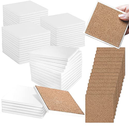 50 Stück Keramikfliesen zum Basteln, Untersetzer, Keramik, weiße Fliesen, unglasiert, 4x4 mit Kork-Stützpads, Verwendung mit Alkoholtinte oder Acrylgießen, Mosaiken, Malprojekte