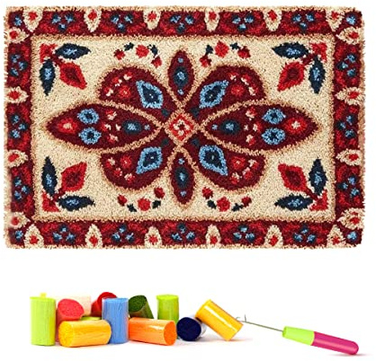 Latch Hook Rug Kit, DIY Rug Making Kit for Adults Kids, Flower pattern Latch Hook Rug Making Kits, Cross Stitch Kit Carpet Making Cushion Needlework for Beginners, Home Decor, Flower pattern 50x38 cm