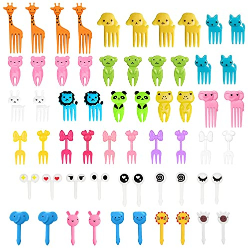 Mini tenedores de frutas de dibujos animados, palillos de dientes accesorios para bento, mini pinchos palillos de dientes adultos postre frutas fiesta (60 unidades Color aleatorio)