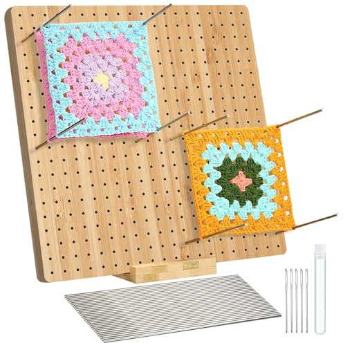 PQKL-party Häkel-Blockierbrett und Nadeln, 27,9 cm, 20 Stahlnadeln, 5 Stricknadeln, Blockierbretthalter, quadratisches Blockierbrett, Bastelwerkzeug, Geschenk für Oma-Mitglieder
