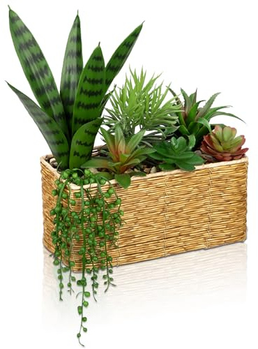 Oairse Artificial Succulent Plant Arrangement Centerpiece Assorted Fake Snake Succulents in Rectangular Woven Basket Faux Potted Succulents for Indoor Home Office Table Windowsill Shelf Decor, 30 cm