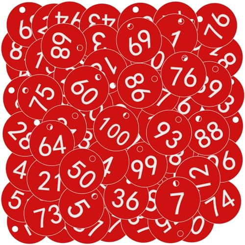 OFFCUP Gravierte Nummernschilder, 100 Stück Nummerierte Tags, Nummer 1-100 | Kunststoff Nummernschilder, Schlüsselanhänger Bienenstock-Etiketten mit Loch Viehbestand ID-Tags (Rot)