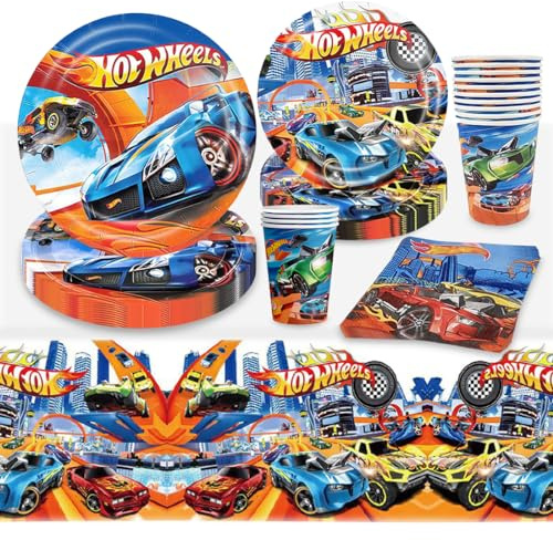 Autos Pappteller Kindergeburtstag, 51 Stück Rennauto Geburtstagsteller Set, Monster Truck Geburtstagdeko, Wheels Auto Geschirr Kit-Teller, Pappbecher, Servietten, Tischdecke, Auto Cars Geburtstagsdeko