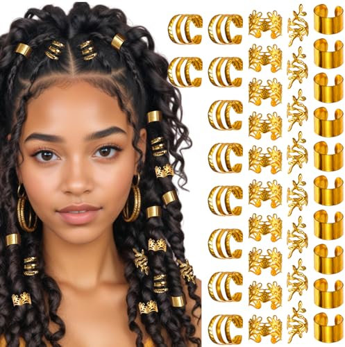 Mabor 40 Stück Haarperlen Gold,4 Styles 90s Dreadlocks Haarschmuck Gold für Zöpfe Festival Zubehör Goldene Haarringe Metall Haarschmuck Flechtfrisur für Dreadlock Hair Deco Frauen