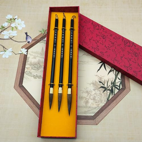 XCSJ 3 Pcs Chinesischer Kalligraphie-Pinsel Mit Aufbewahrungsbox, Chinese Calligraphy Brushes Geschenk Professioneller Kalligraphie Sumi Pinsel für Anfänger, Studenten, Künstler, Als Geschenk (Braun)