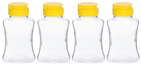 sourcing map 4 botellas de plástico para miel de 180 ml, dispensador de miel a prueba de fugas, recipientes de miel recargables con tapa abatible para almacenar y dispensar