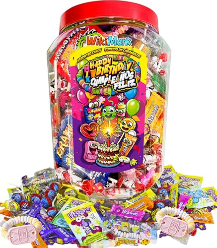 Gran Cubo con Más de 200 Chuches Sin Alérgenos WikiMark. Para Cumpleaños, Hallowen, Navidad o Piñatas. Sin Gluten y Sin Leche. Apto para Todos. + de 1,5 Kg de Caramelos y Golosinas. (Chuches Mix)