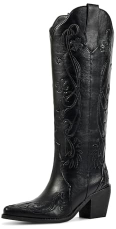 wetkiss Knee High Cowboy Cowgirl Boots for Women - Wide Calf Knee High Western Boots, Black Cowgirl with Floral Embroidered Pointed Toe Womens Chunky Heel Pull On Retro Vintage Classic Tall Ladies