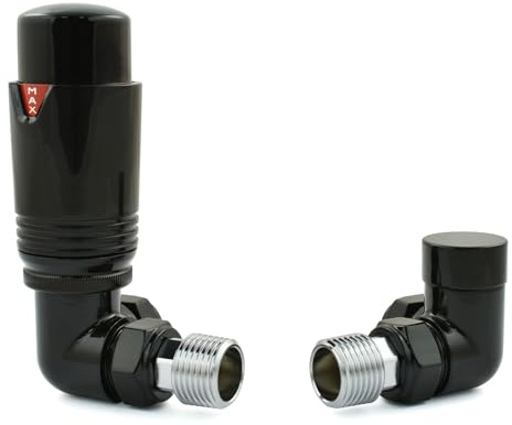 Hot Flow - Vanne thermostatique de radiateur TRV angulaire entièrement noire (paire) Comprend un corps TRV angulaire, une tête de roue et un verrou de sécurité pour un contrôle rapide et facile de la
