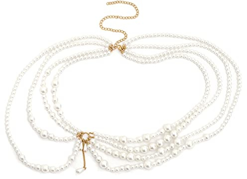 FUXIU Sujetador de perlas con cadena de perlas para el cuerpo, brasier y perlas inferiores, bikinis, perlas, joyería corporal, cadena de pecho sexy, cadena de cintura, Cadena de cintura dorada, As