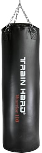 Train Hard® Saco de boxeo de PVC relleno con cadena de acero resistente y eslabón giratorio (ancho: 110 x 33 cm, 30 kg)