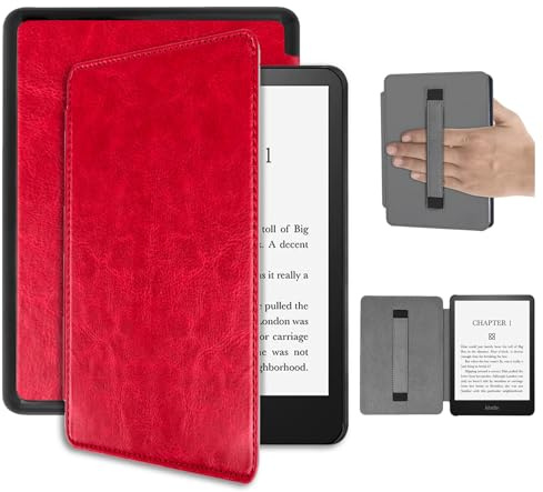 Miimall für 7 Kindle Colorsoft Signature Edition 2024 und Kindle Paperwhite 12. Generation Hülle mit Handschlaufe, Auto Wake/Sleep Leder Sturzsicher Schutzhülle Tragbar Ultra Slim Full Cover Case Rot