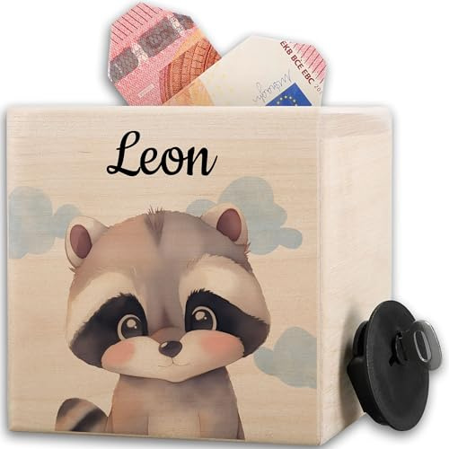 Spardose - Holzspardose süßer Waschbär mit Name I Waschbären Sparbüchse Holz Kinder Geldgeschenk I Taschengeldkasse I Raccoons - 10x10cm - Holz - Geschenke Tiere personalisierte aus Junge Tier