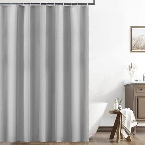 EZESO Grauer dicker Leinen-Duschvorhang, 230 g/m², gewichteter strukturierter Stoff, Polyester-Stoff, Duschvorhang für Badezimmer, wasserdicht, waschbar, dekorativer Vorhang mit 12 Kunststoffhaken