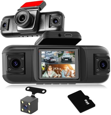 NHOPEEW Dash Cam a 4 canali 360°- Dashcam anteriore e posteriore 1080P per auto - Telecamere con schermo da 2 pollici con visione notturna a 8 IR, scheda TF 64G con registrazione in loop