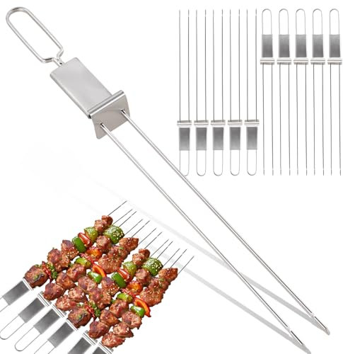 Spiedini Acciaio, 10 Spiedi Spiedo per Barbecue Accessori Barbecue Spiedini per Barbecue con Raschietto e Doppio Zinco, Riutilizzabili, per Carne, Verdure, Pesce