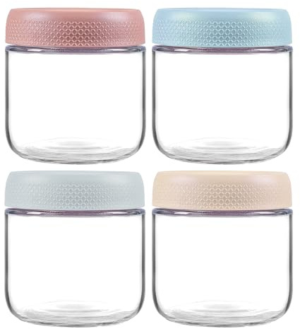 INCETUE 350 ml/12 oz Glas Vorratsdosen mit Deckel, 4er Set Kleine Süße Dekorative Vorratsgläser, Stapelbarer Glasbehälter für Overnight Oats, Müsli, Joghurt, Salat, Pudding, Pasta, Nudeln, Mehl