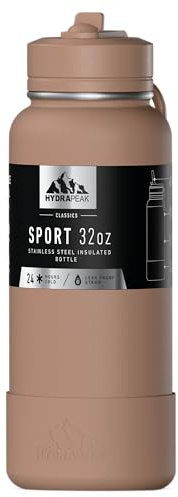 Hydrapeak 32oz Sport Insulated Water Bottle with Straw Lid, Leak & Spill Proof, Keeps Drinks Cold for 24 Hours, Hot for 12 Hours, Premium Stainless Steel Water Bottles (32oz, Almond)
